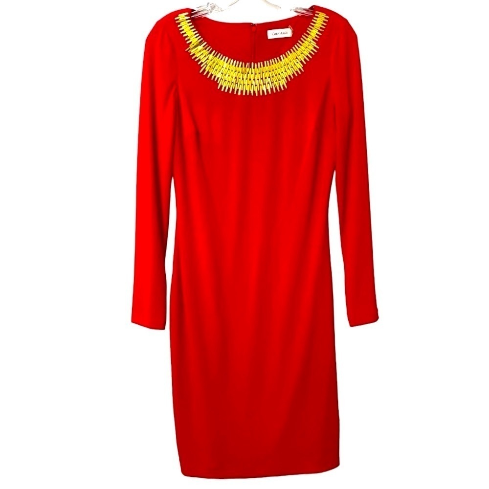 Calvin Klein Bodycon Red Gold Long Sleeve Party Dress